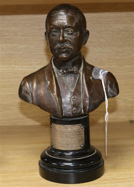 A bronze bust of Sir Charles Henry Hawtrey (Actor-Manager, 1858-1923), signed Garrard, H 12in (overall)